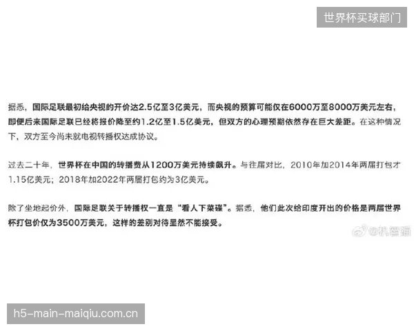 FIFA世界杯版权价值在中国市场理性回归,高昂的全球定价策略面临区域经济与收视习惯的现实挑战。 FIFA世界杯版权价值在中国市场理性回归,高昂的全球定价策略面临区域经济与收视习惯的现实挑战。